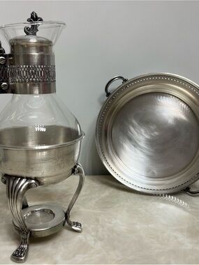 Vintage SILVER Plate F.B Rogers Corning heatproof Glass Carafe w Stand & Tray